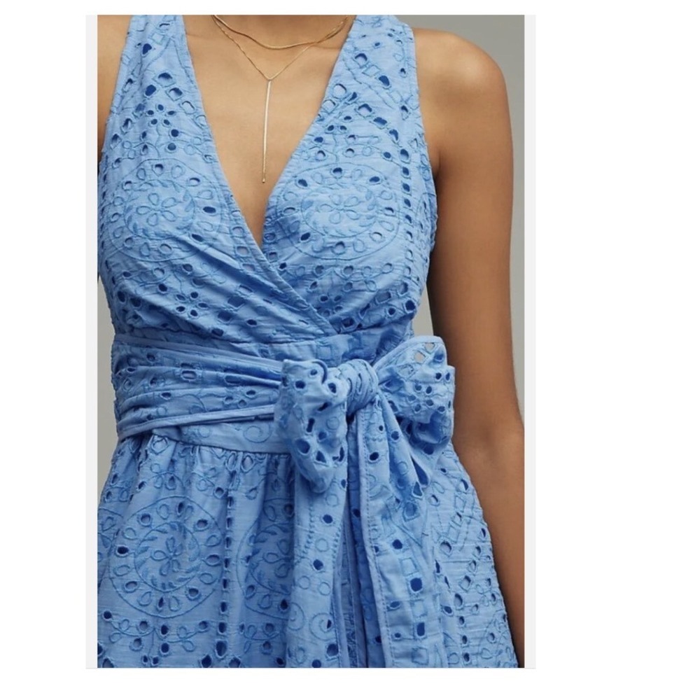 Maeve Anthropologie Blue Eyelet Midi Dress Size 12 Tie Waist Boho - Picture 4 of 15